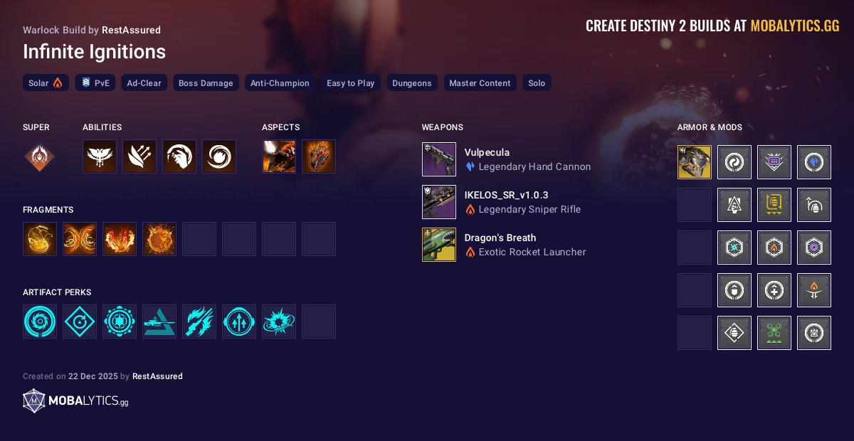 Infinite Ignitions Destiny 2 Solar Warlock Build by RestAssured